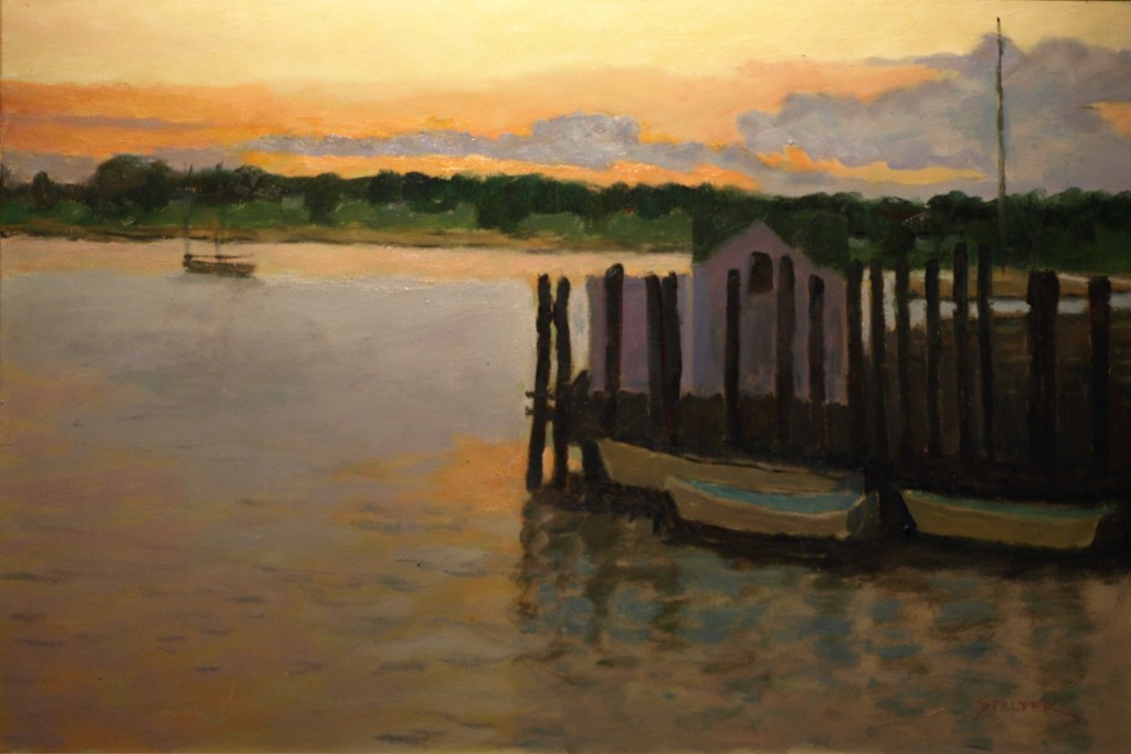 Dockside Sunset, Oil on Canvas, 24 x 36 Inches, by Richard Stalter, $1200q