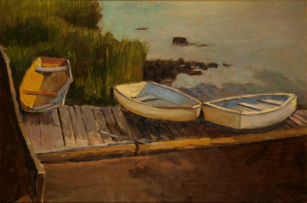 Rowboats on Dock, Oil on Canvas, 24 x 36 Inches, by Richard Stalter, $1200