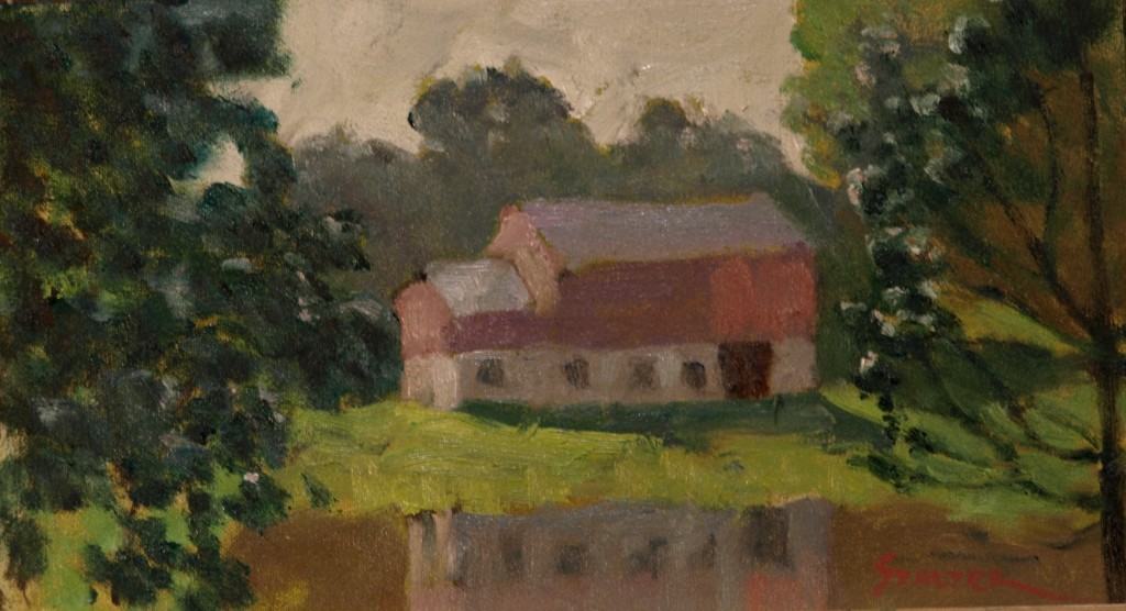 Reflected Barn, Oil on Canvas on Panel, 8 x 14 Inches, by Richard Stalter, $225