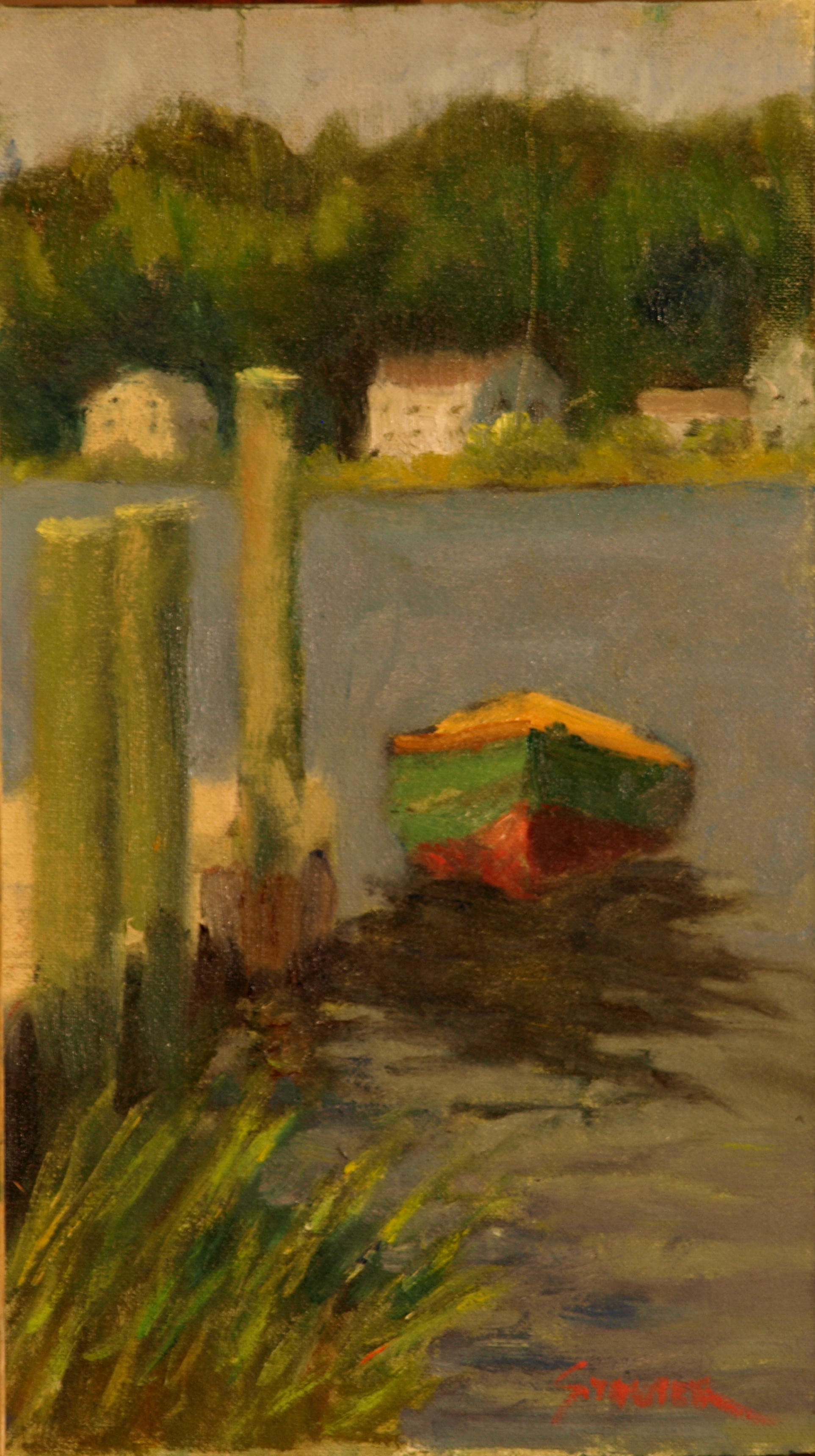 Dockside Dory, Oil on Canvas on Panel, 14 x 8 Inches, by Richard Stalter, $225