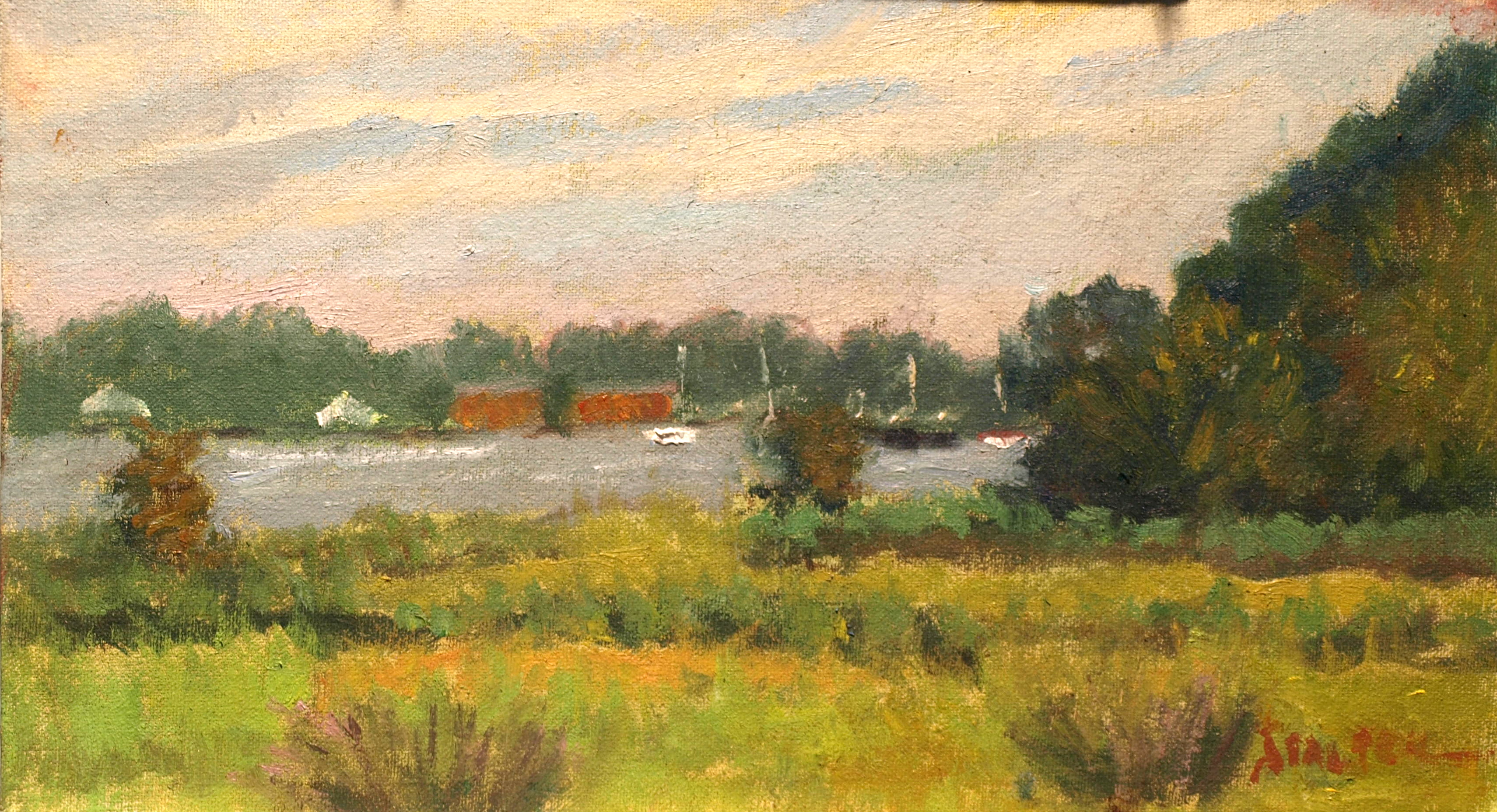 Mystic River Marsh, Oil on Canvas on Panel, 8 x 14 Inches, by Richard Stalter, $225