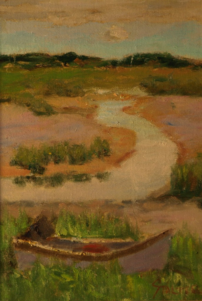 Rowboat in Marsh, Oil on Canvas on Panel, 12 x 9 Inches, by Richard Stalter, $225