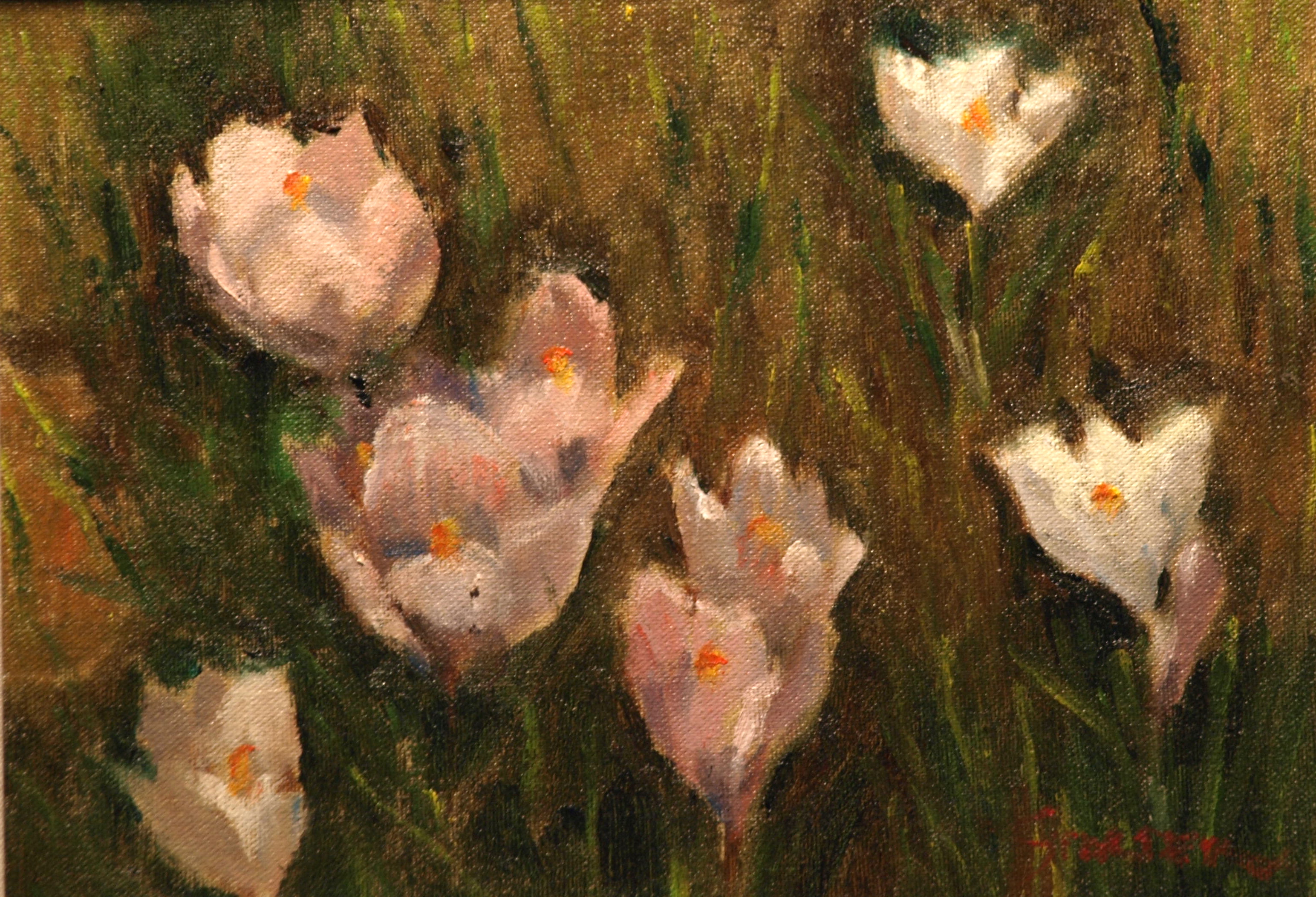 White Crocuses, Oil on Canvas on Panel, 9 x 12 Inches, by Richard Stalter, $225