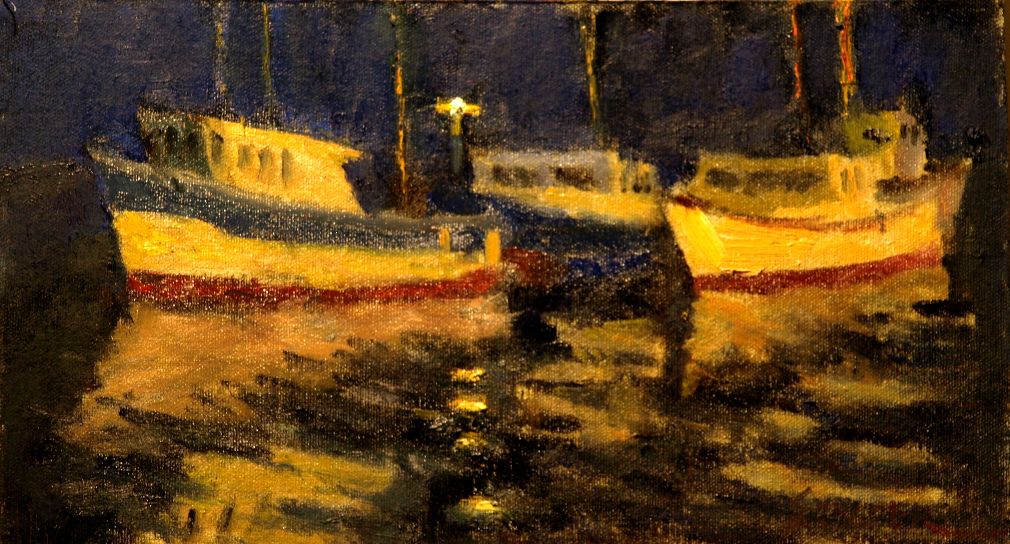 Night Reflections, Oil on Canvas on Panel, 8 x 14 Inches, by Richard Stalter, $225