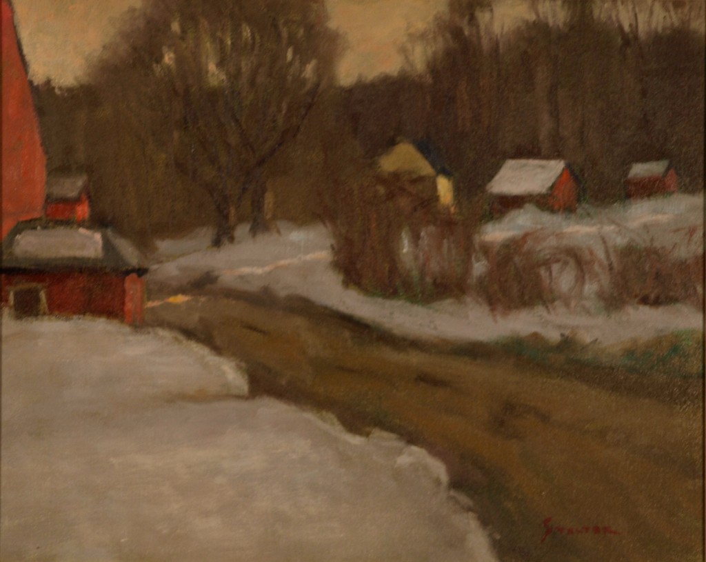 Late Snowy Afternoon - Newton's, Oil on Canvas, 16 x 20 Inches, by Richard Stalter, $450
