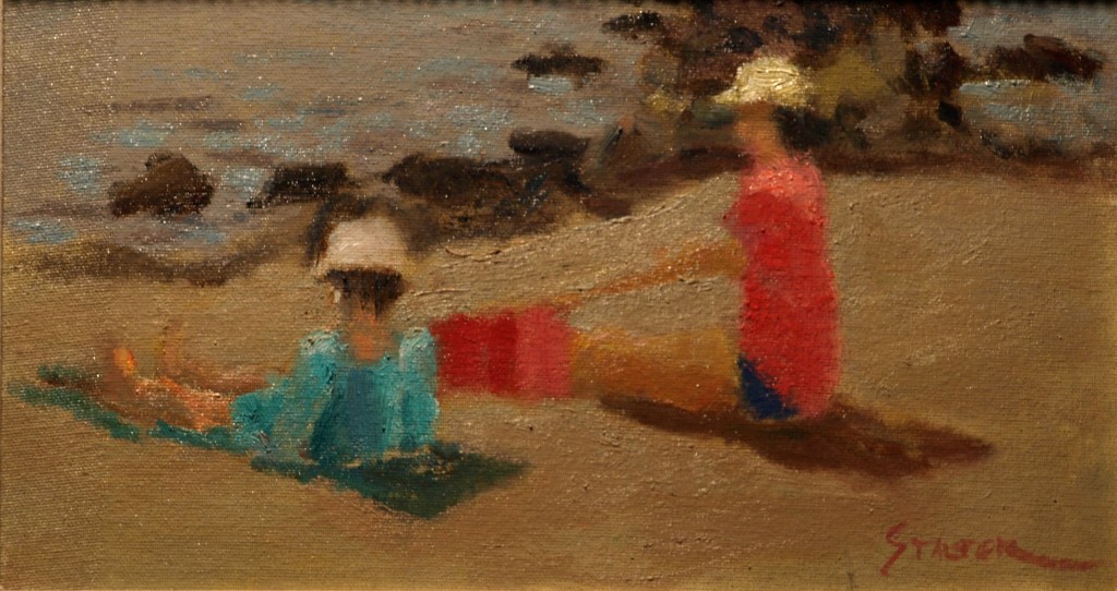 Beachgoers, Oil on Canvas on Panel, 8 x 14 Inches, by Richard Stalter, $225