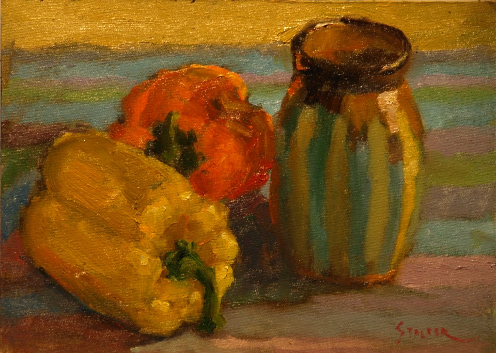 Two Peppers, Oil on Canvas on Panel, 9 x 12 Inches, by Richard Stalter, $225