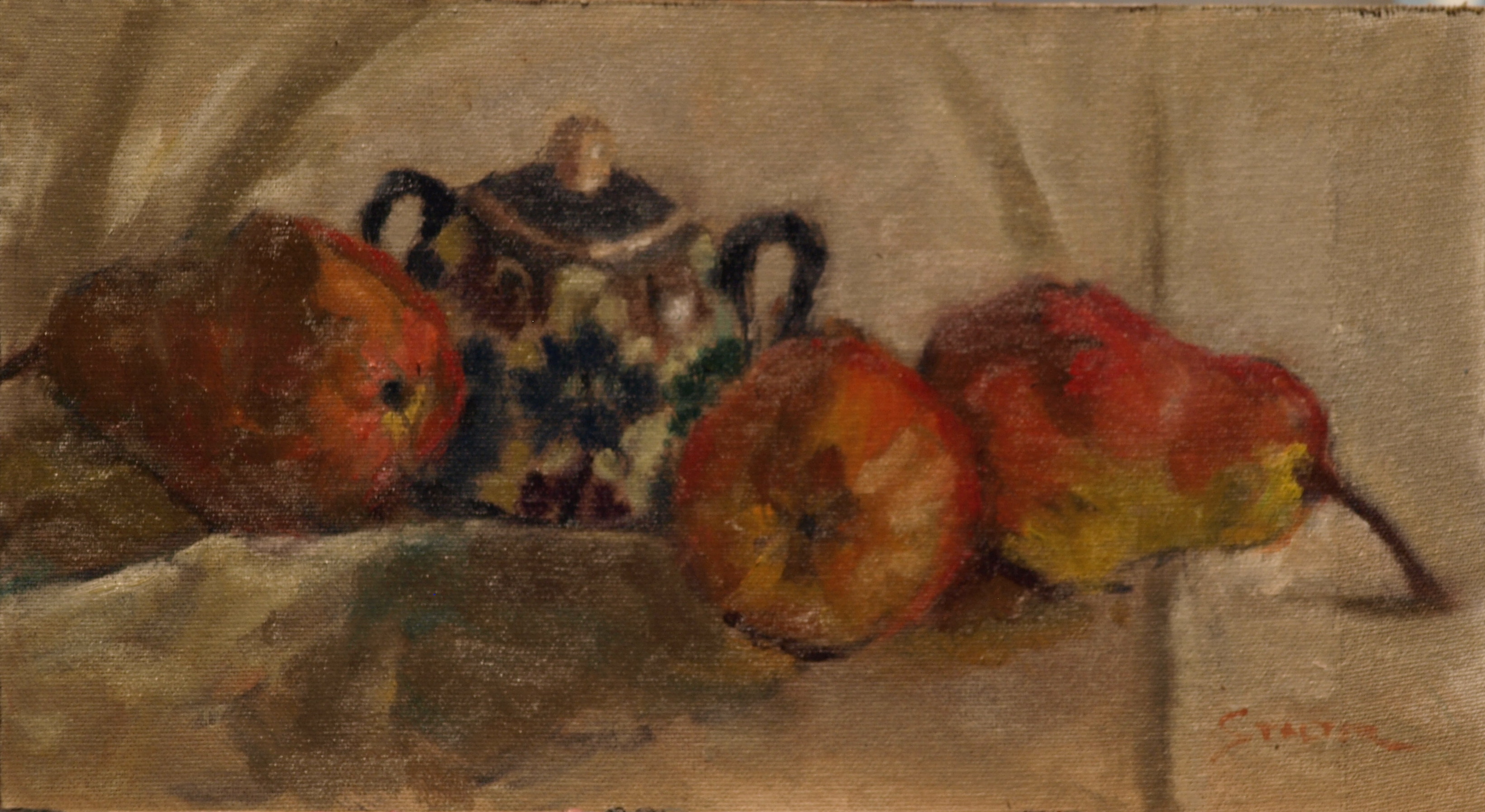 Pears and Sugar Bowl, Oil on Canvas on Panel, 8 x 14 Inches, by Richard Stalter, $225