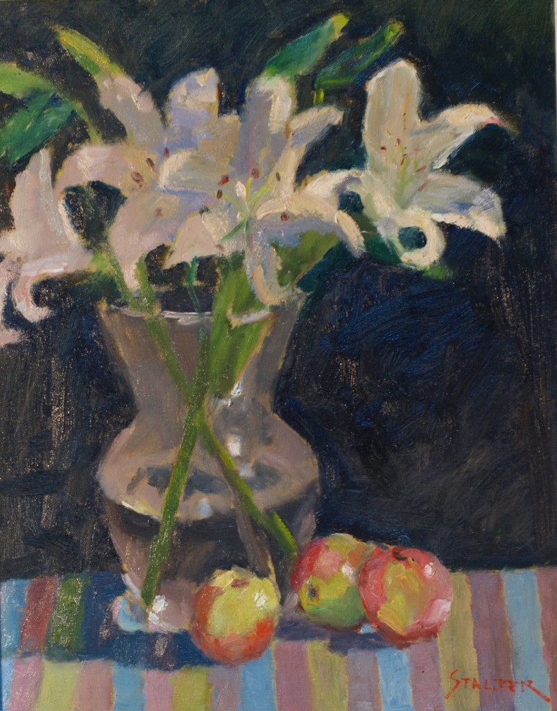 Lilies and Apples, Oil on Canvas, 20 x 16 Inches, by Richard Stalter, $450