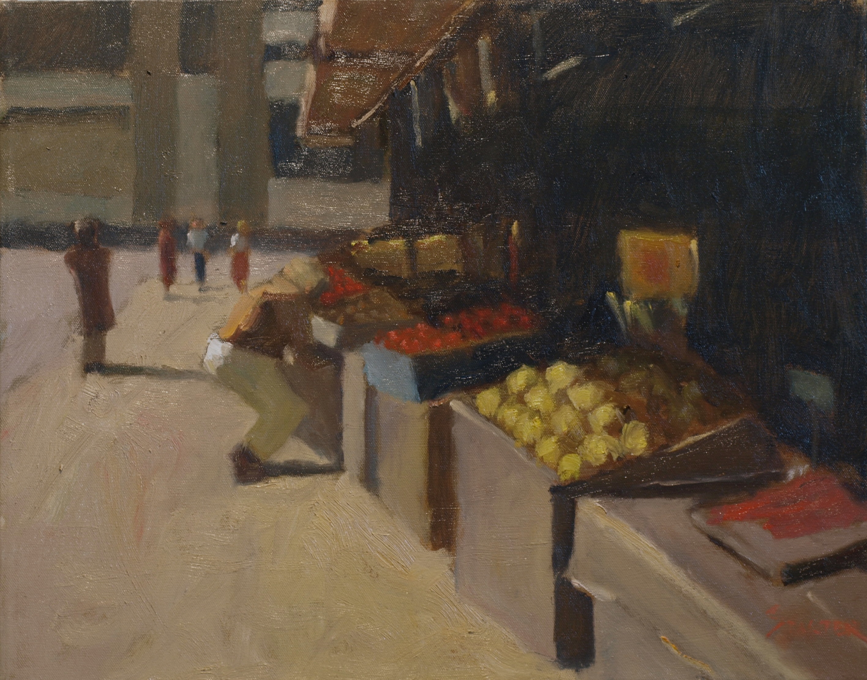 Buying Fruit, Oil on Canvas, 16 x 20 Inches, by Richard Stalter, $550
