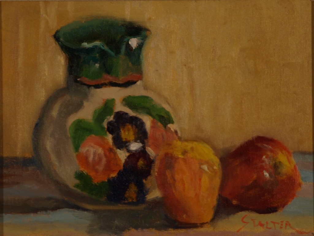 Still Life - Flowered Pitcher, Oil on Canvas on Panel, 9 x 12 Inches, by Richard Stalter, $225