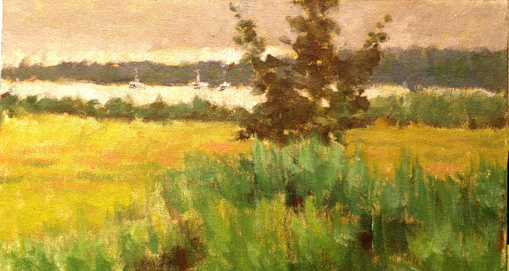 Masons Island Marsh in Summer, Oil on Canvas on Panel, 8 x 14 Inches, by Richard Stalter, $220