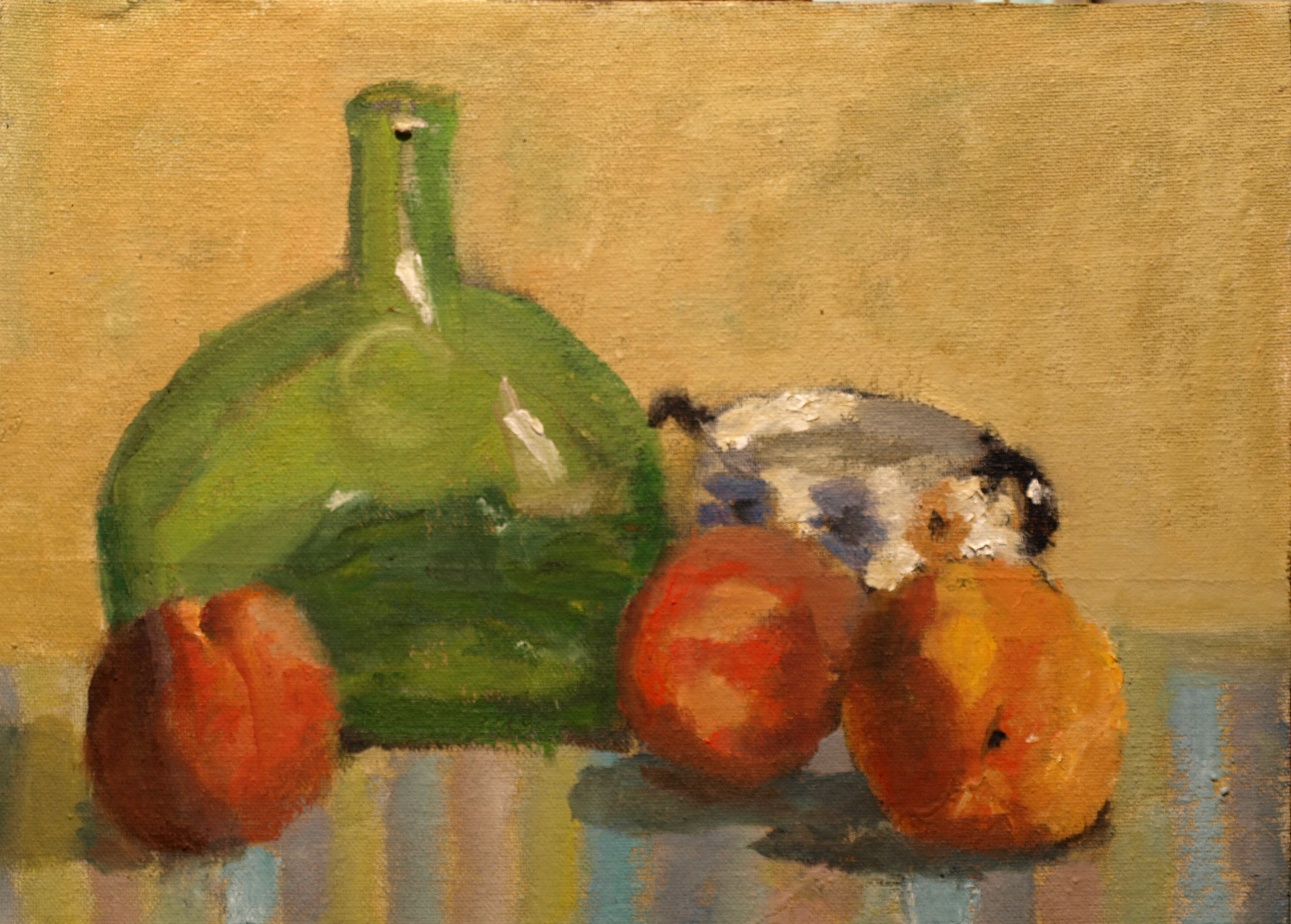 Peaches and Green Bottle, Oil on Canvas on Panel, 9 x 12 Inches, by Richard Stalter, $220