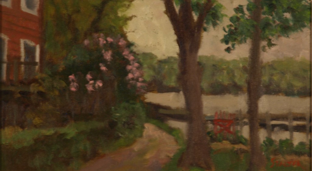 Lilacs - Garrison New York, Oil on Canvas on Panel, 8 x 14 Inches, by Richard Stalter, $225