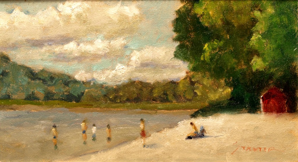 Swimmers at the Town Park, Oil on Canvas on Panel, 8 x 14 Inches, by Richard Stalter, $220
