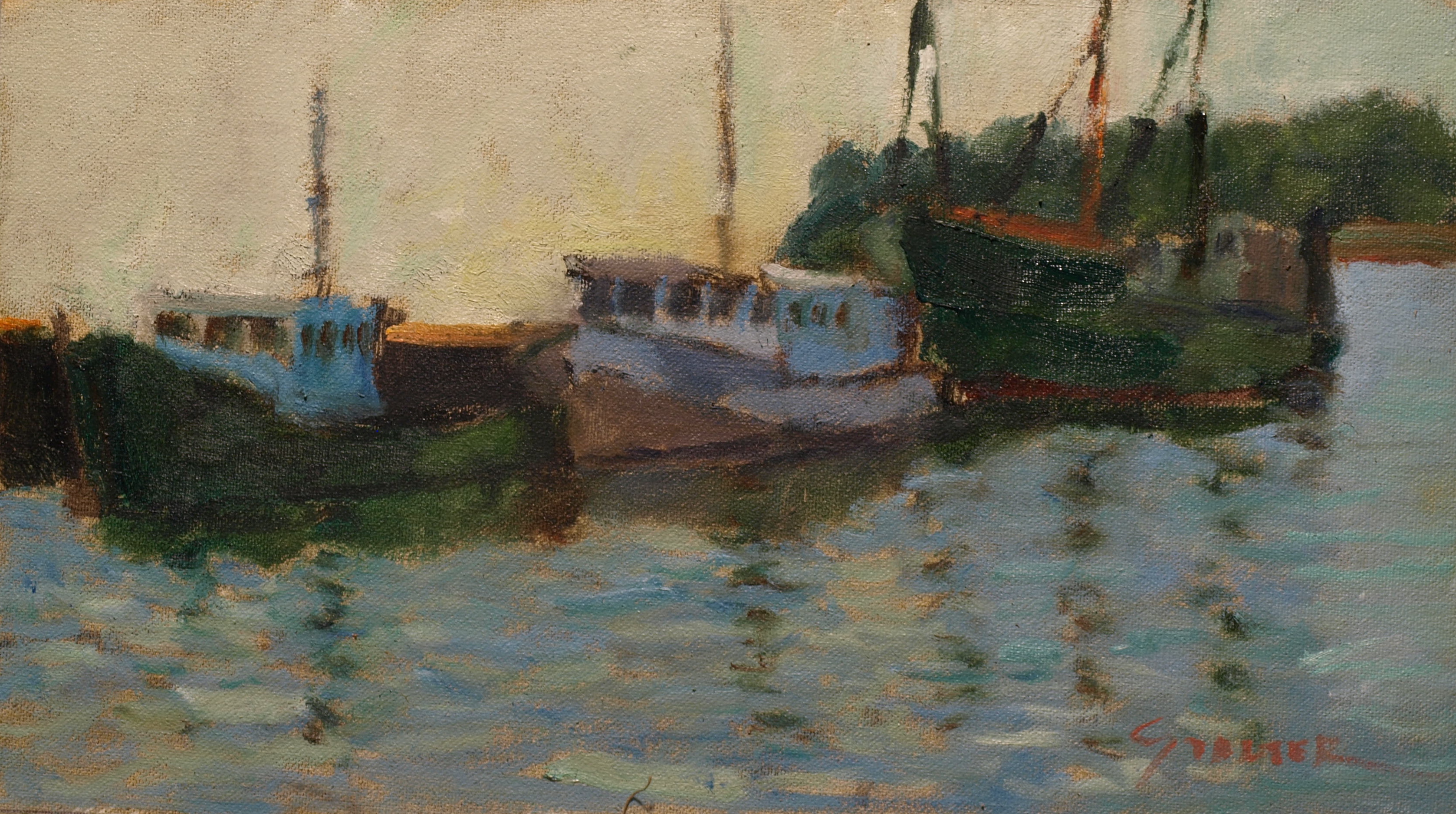 Fishing Boats Dockside, Oil on Canvas on Panel, 8 x 14 Inches, by Richard Stalter, $220