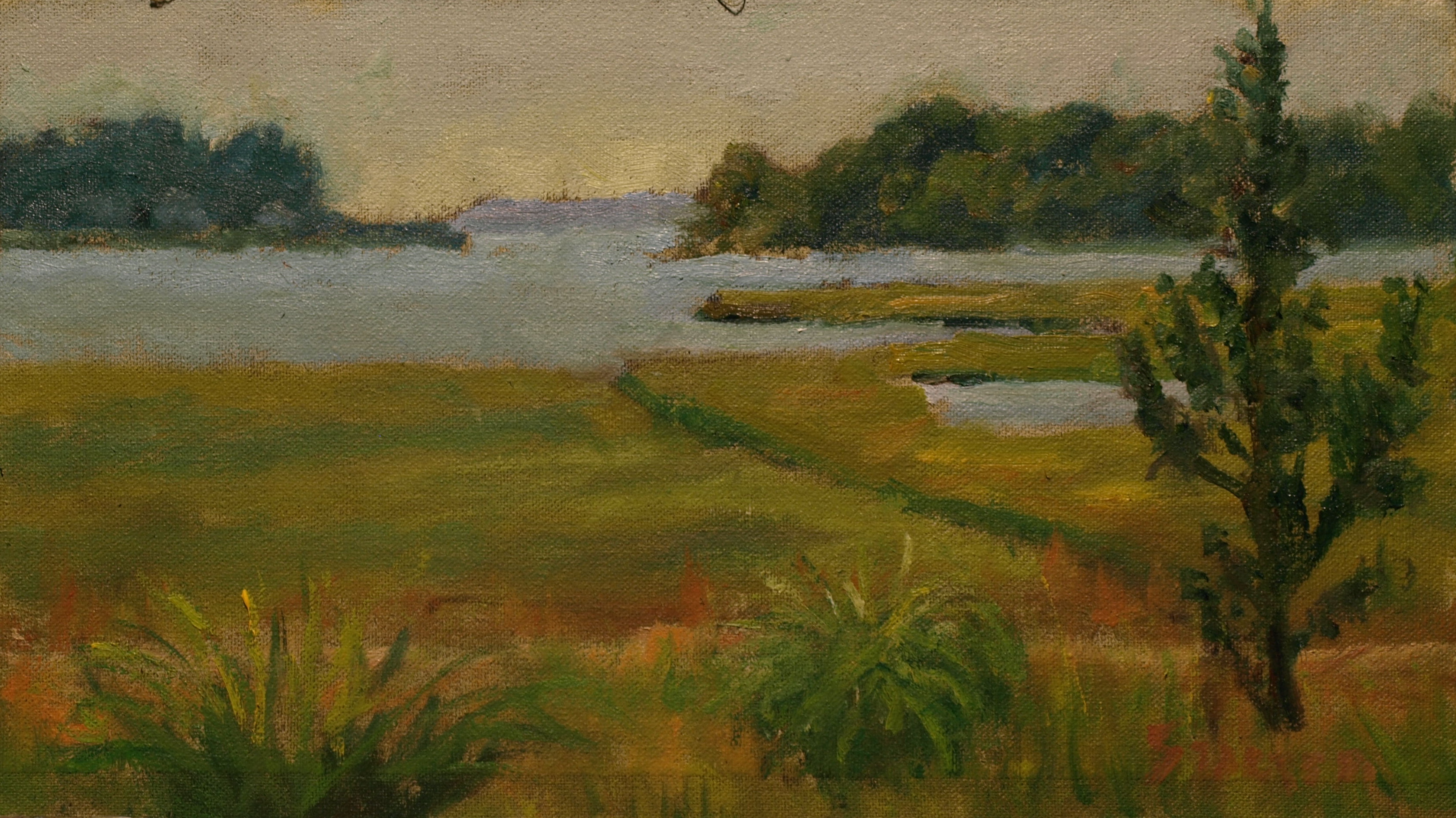 Across the Marshland, Oil on Canvas on Panel, 8 x 14 Inches, by Richard Stalter, $220
