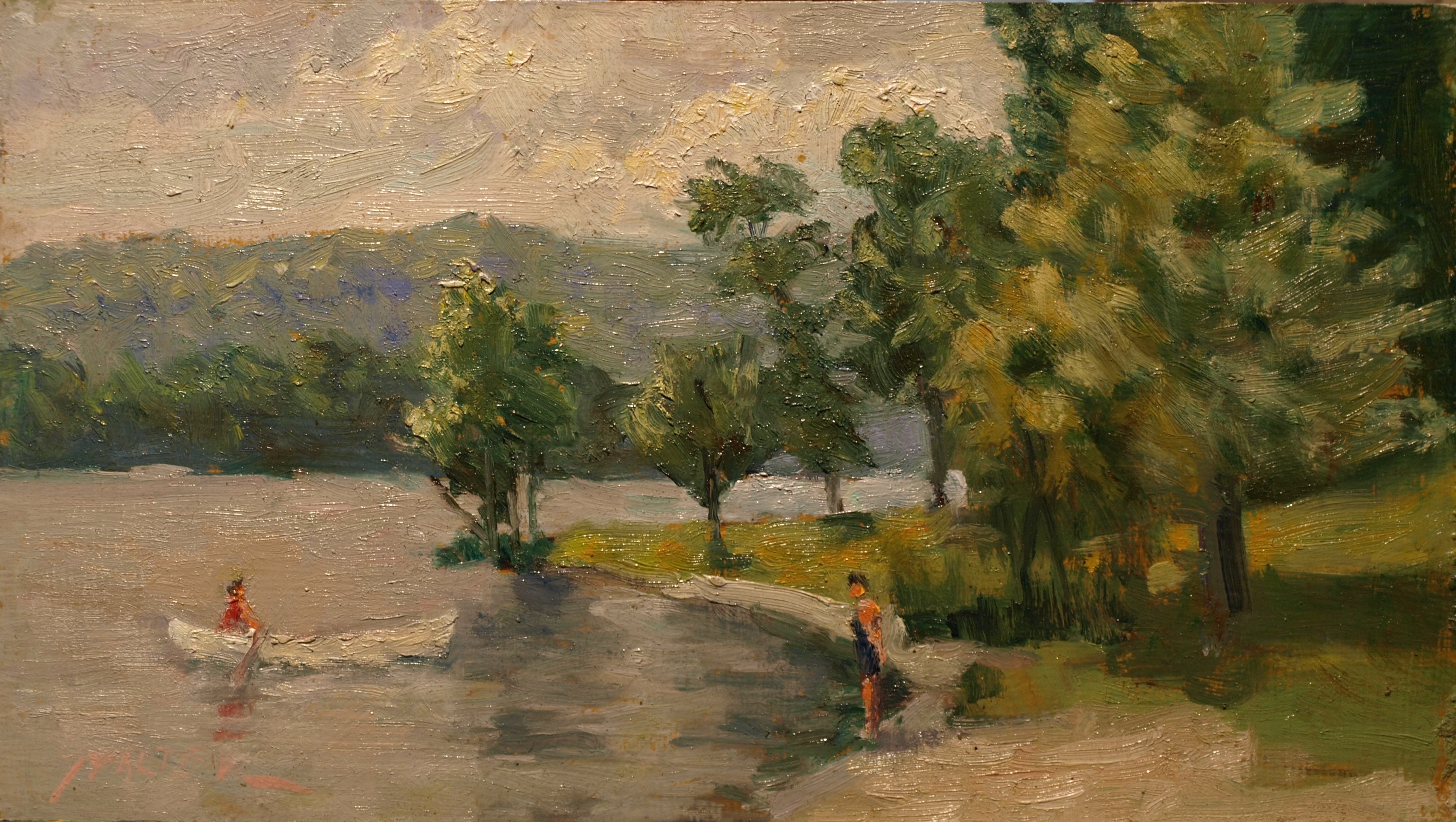 Canoeist, Oil on Canvas on Panel, 8 x 14 Inches, by Richard Stalter, $225