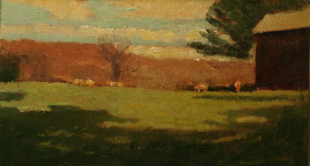 Cows on the Crest of the Hill, Oil on Canvas on Panel, 8 x 14 Inches, by Richard Stalter, $225