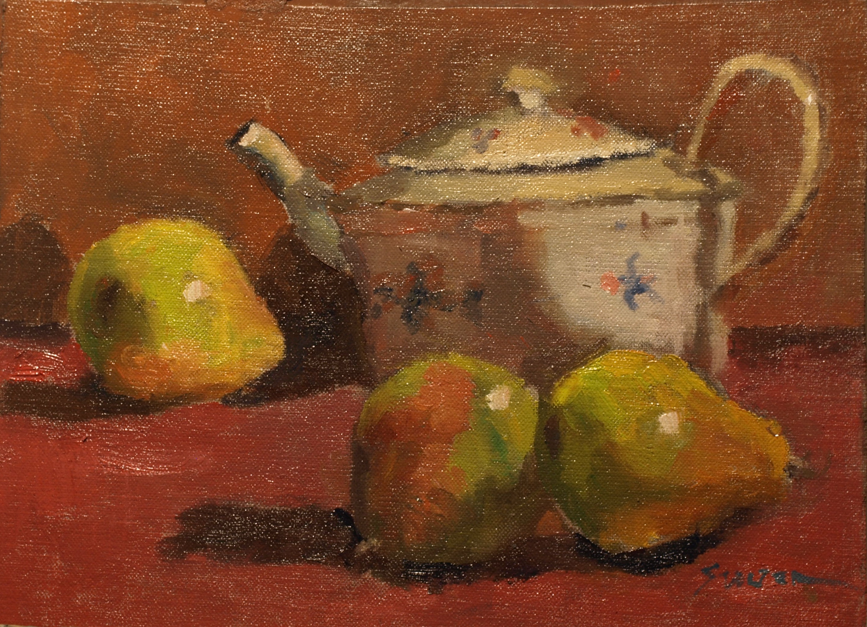 Flowered Teapot, Oil on Canvas on Panel, 9 x 12 Inches, by Richard Stalter, $225
