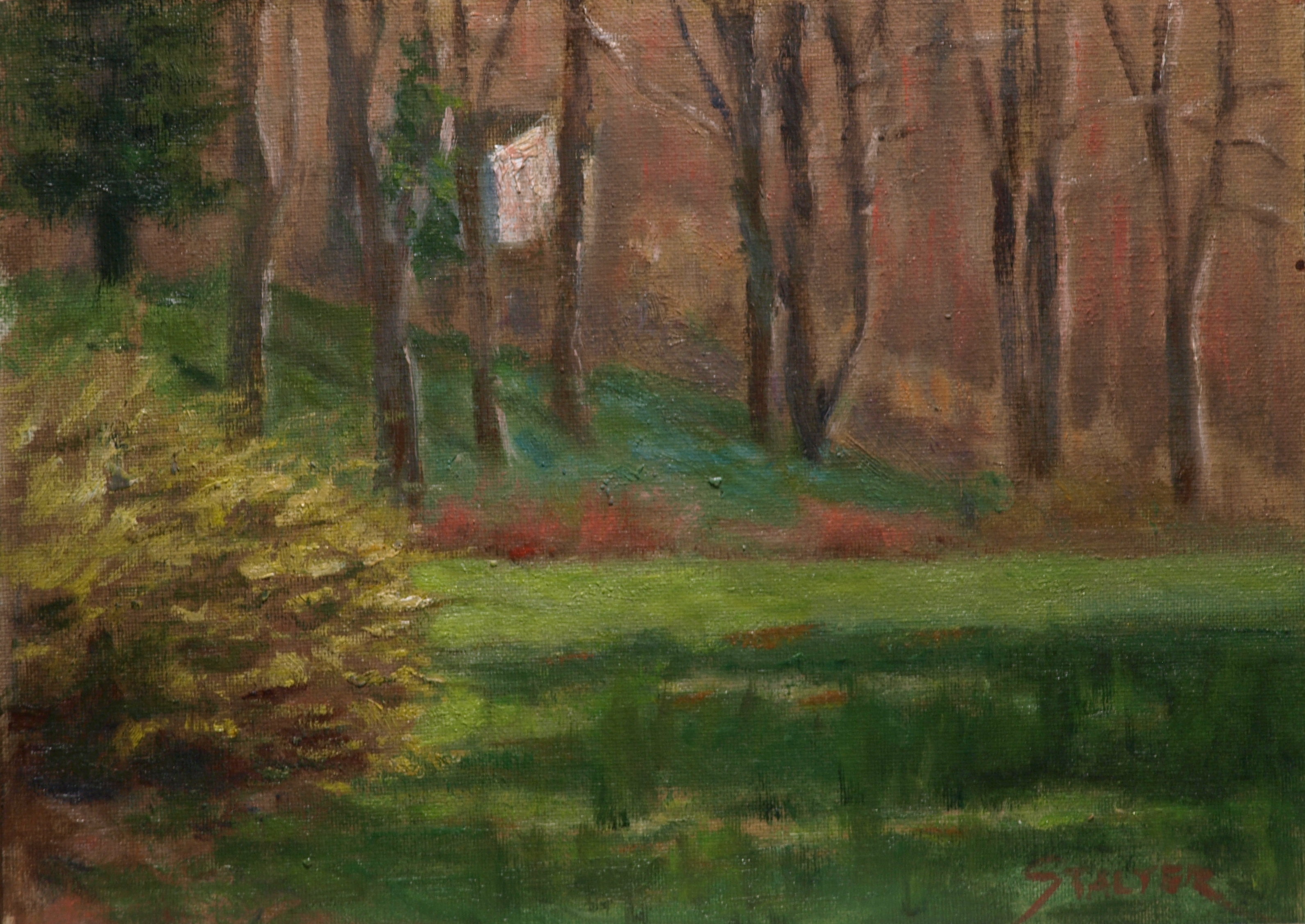 Forsythia Time, Oil on Canvas on Panel, 9 x 12 Inches, by Richard Stalter, $225