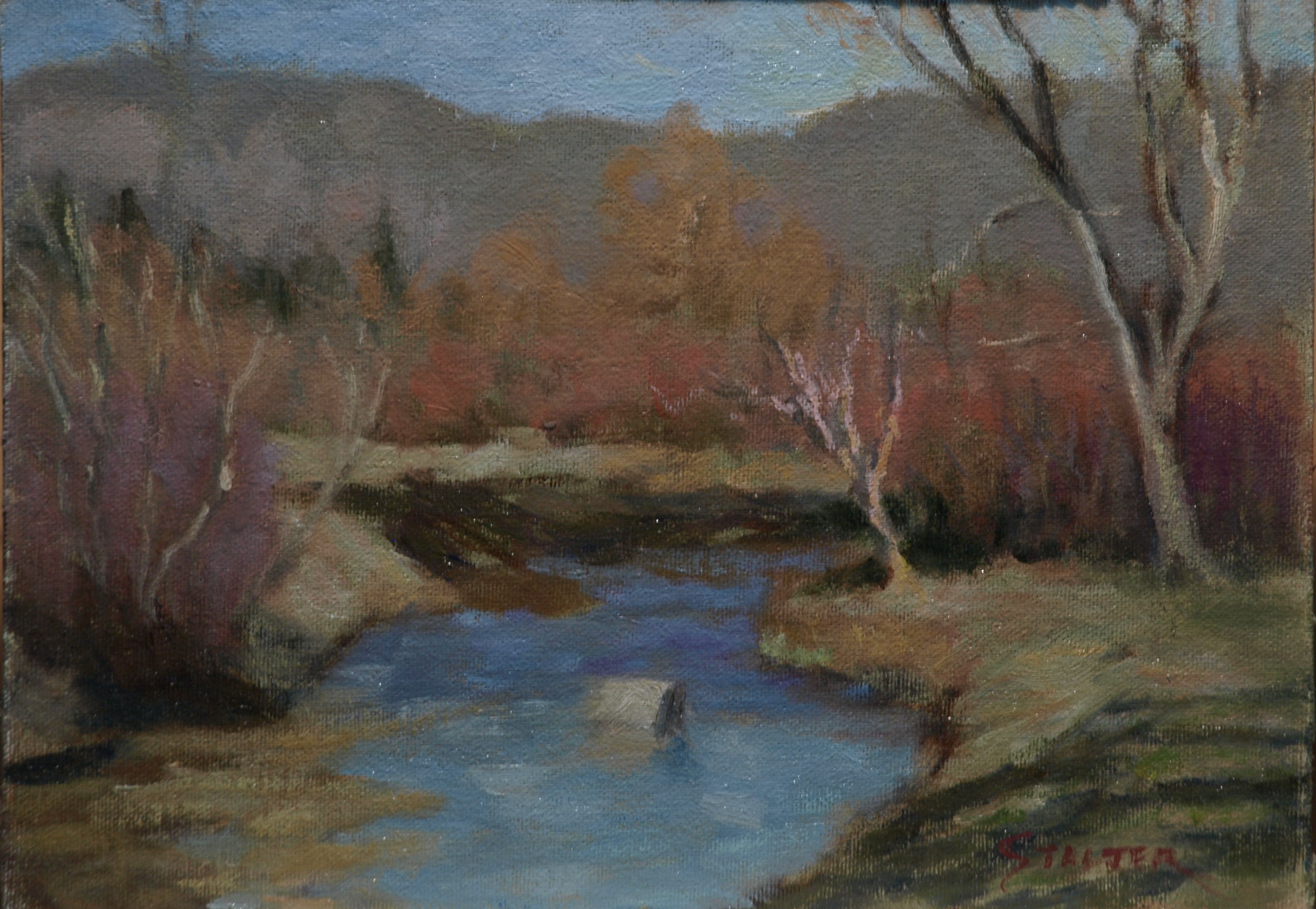 Autumn by the River, Oil on Canvas on Panel, 9 x 12 Inches, by Richard Stalter, $225