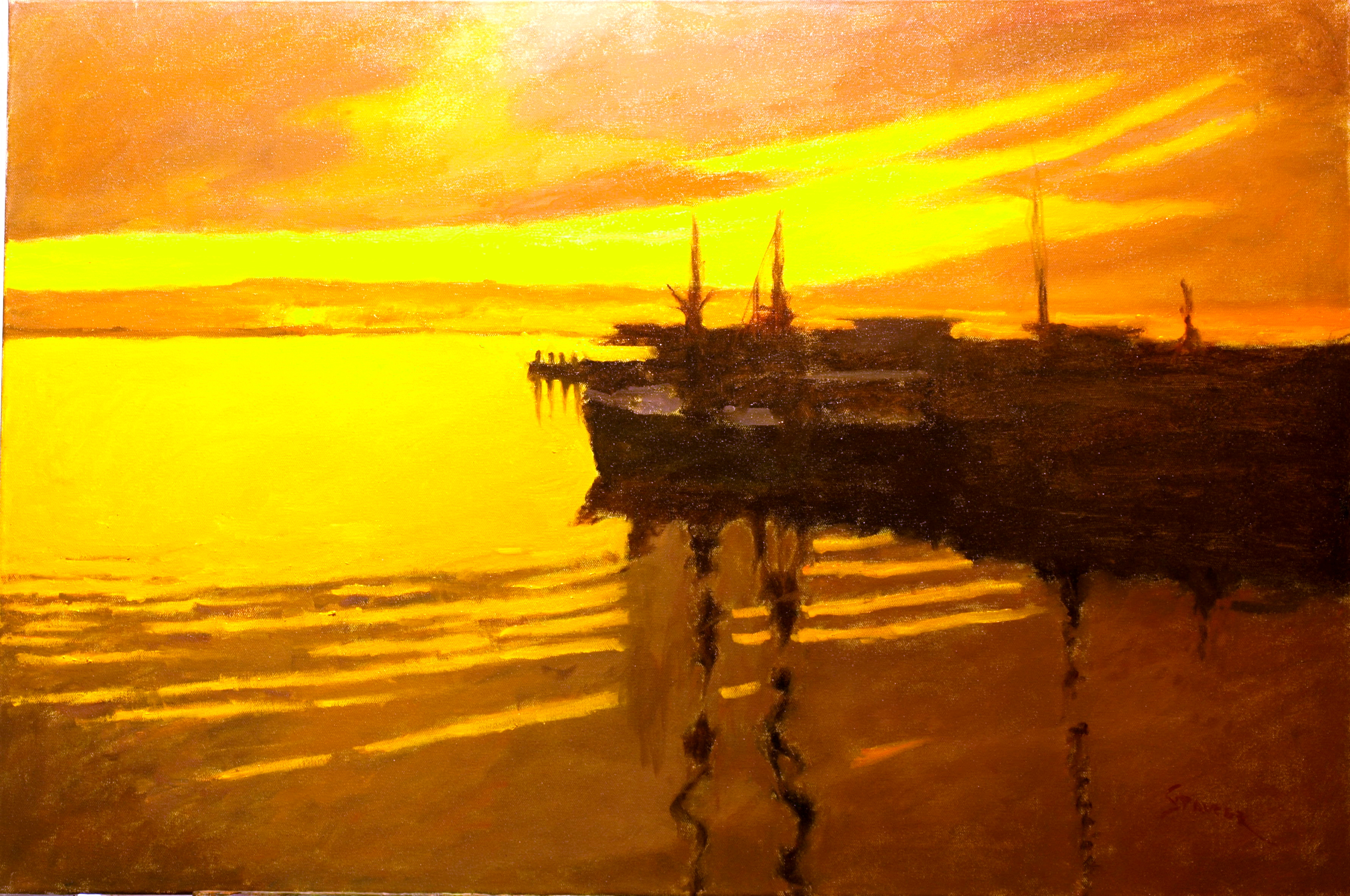 Sunset - Stonington Warves, Oil on Canvas, 24 x 36 Inches, by Richard Stalter, $1200