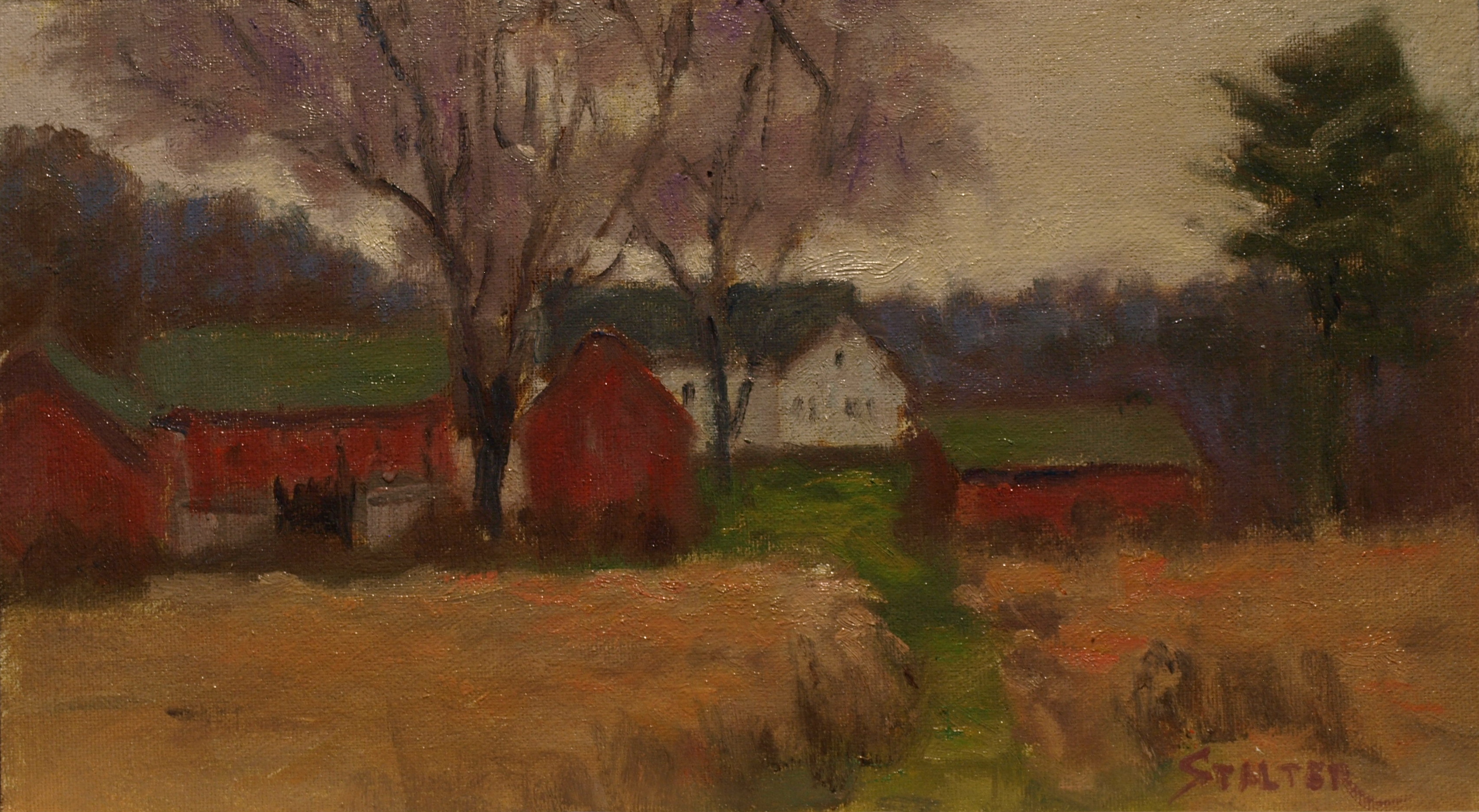 Red Barns in Autumn, Oil on Canvas on Panel, 8 x 14 Inches, by Richard Stalter, $220