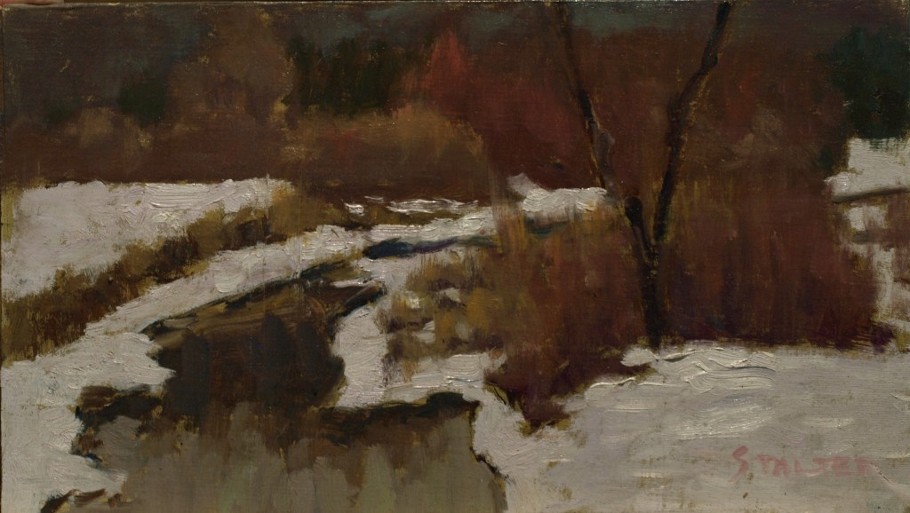 Winterlocked Brook, Oil on Canvas on Panel, 8 x 14 Inches, by Richard Stalter, $220