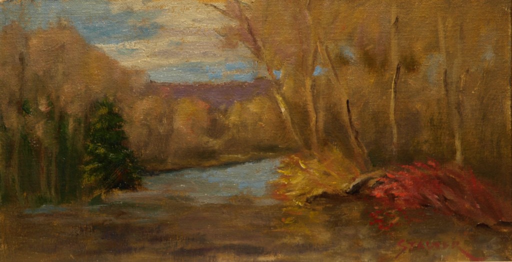 Red and Yellow Bushes, Oil on Canvas on Panel, 8 x 14 Inches, by Richard Stalter, $225