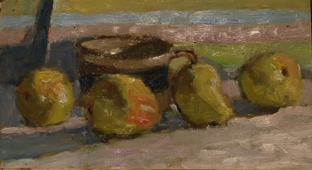 Four Pears, Oil on Panel, 8 x 14 Inches, by Richard Stalter, $220