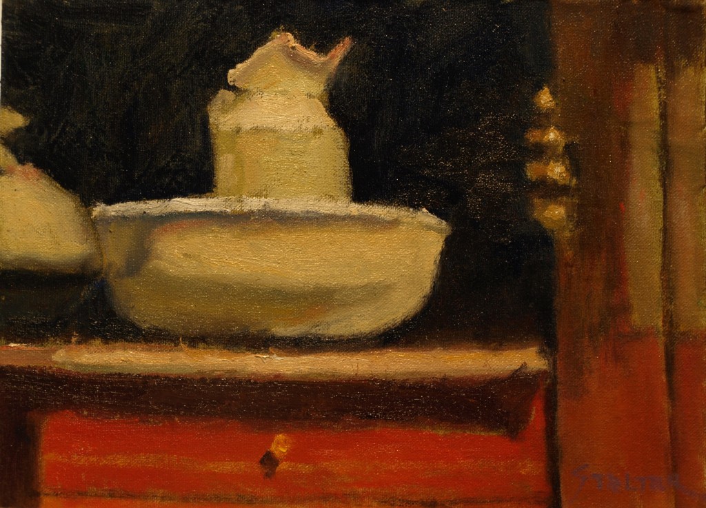 Pitcher and Bowl, Oil on Canvas on Panel, 9 x 12 Inches, by Richard Stalter, $220