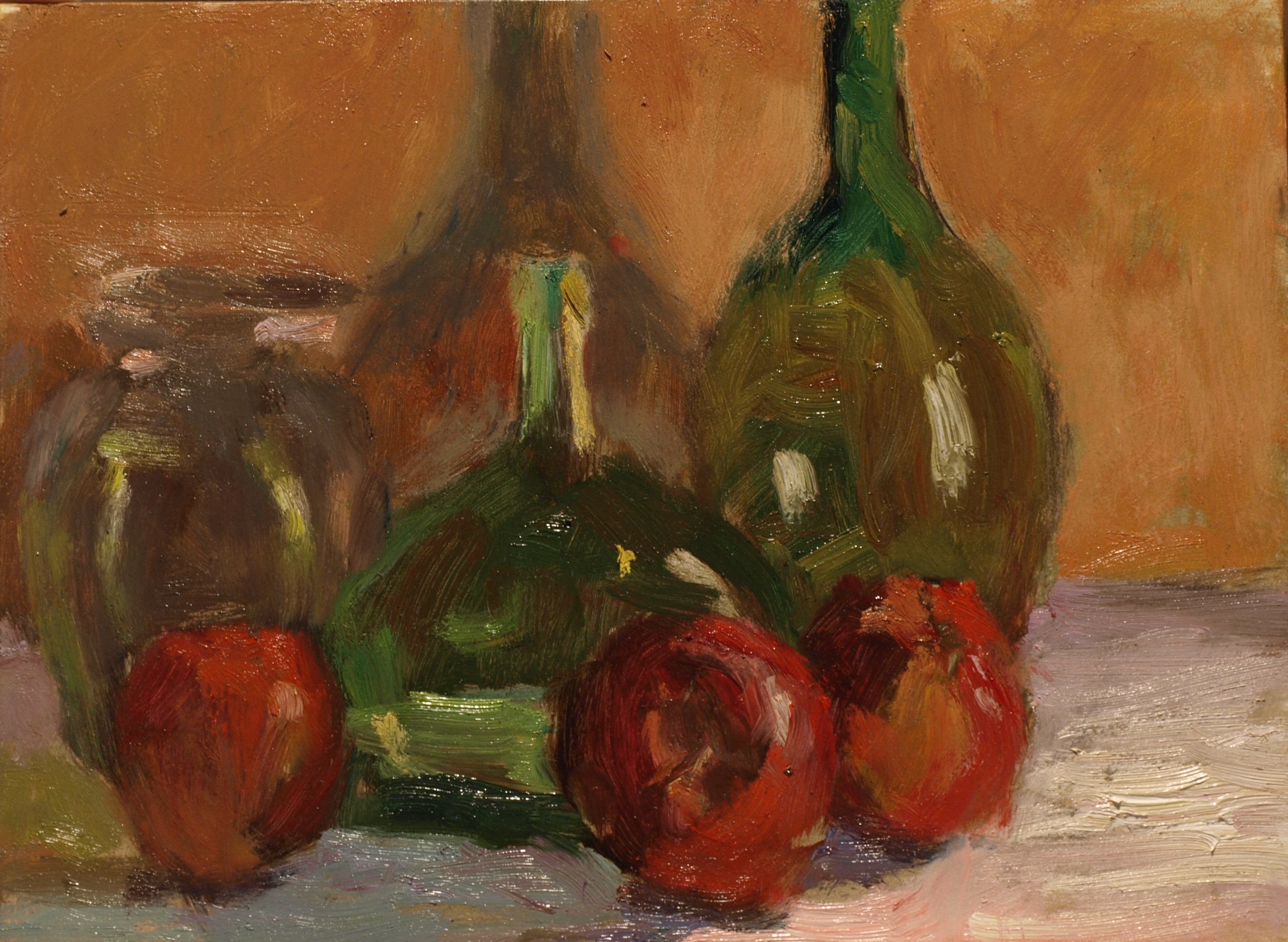 Bottles and Apples, Oil on Panel, 9 x 12 Inches, by Richard Stalter, $220