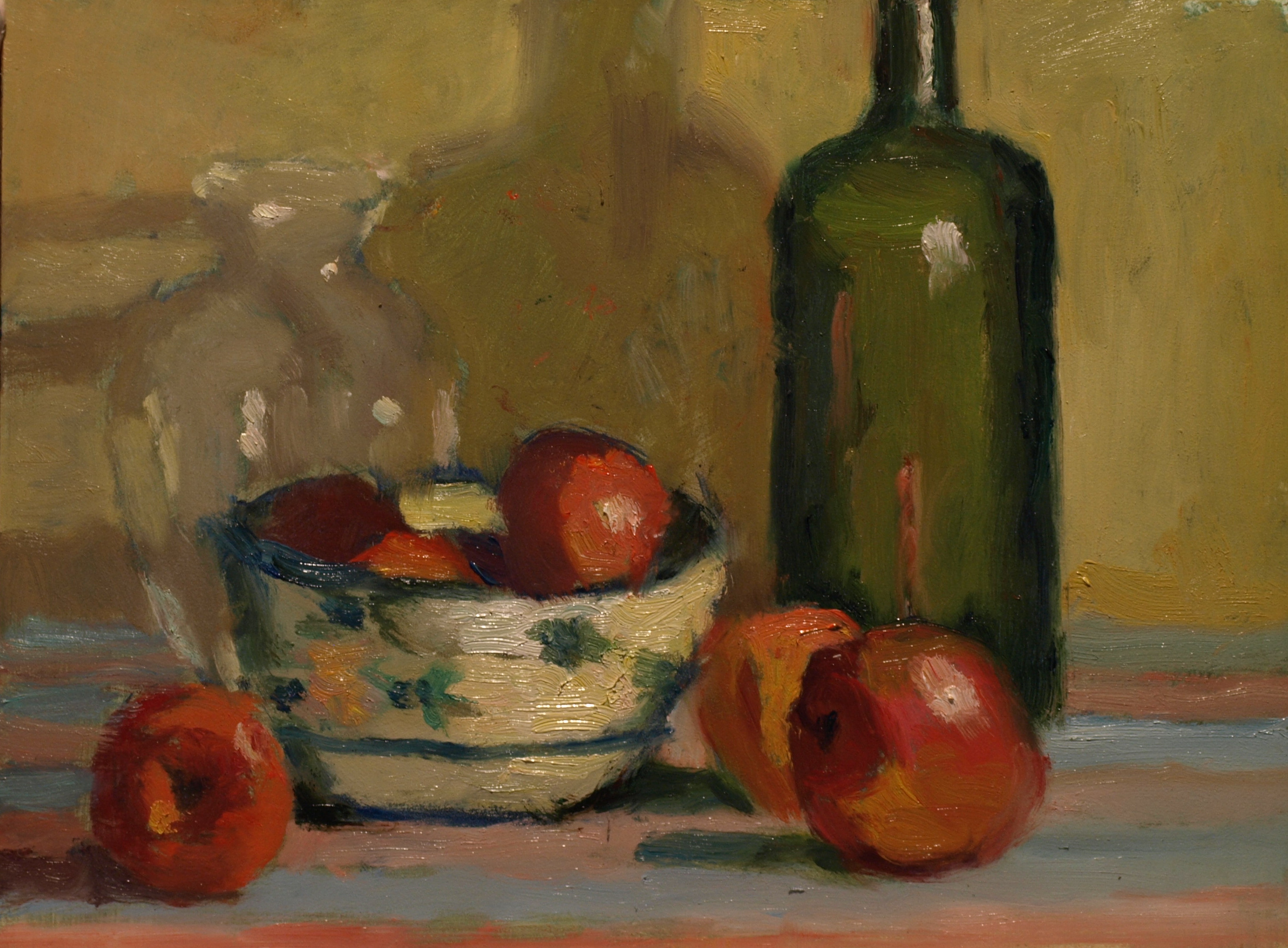 Green Bottle with Apples, Oil on Panel, 9 x 12 Inches, by Richard Stalter, $220