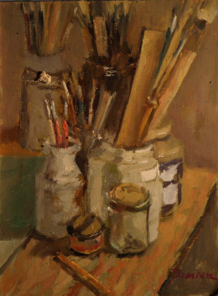Jars of Brushes, Oil on Panel, 12 x 9 Inches, by Richard Stalter, $225