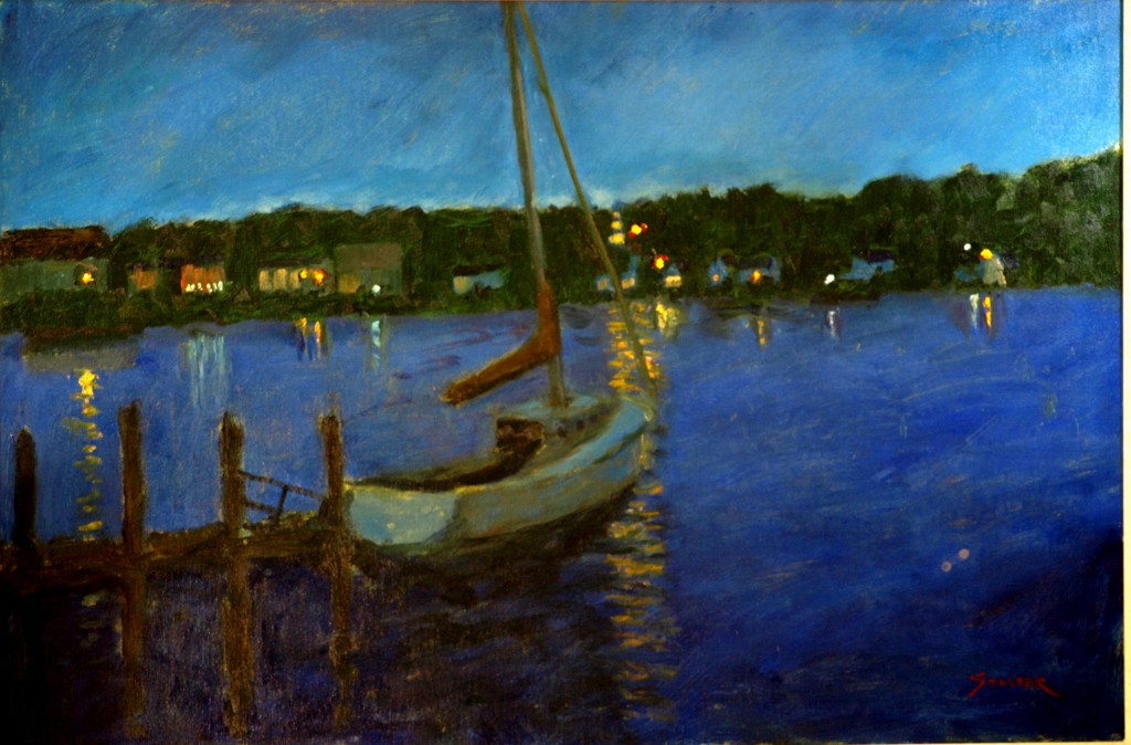 Night - Mystic River, Oil on Canvas, 24 x 36 Inches, by Richard Stalter, $850