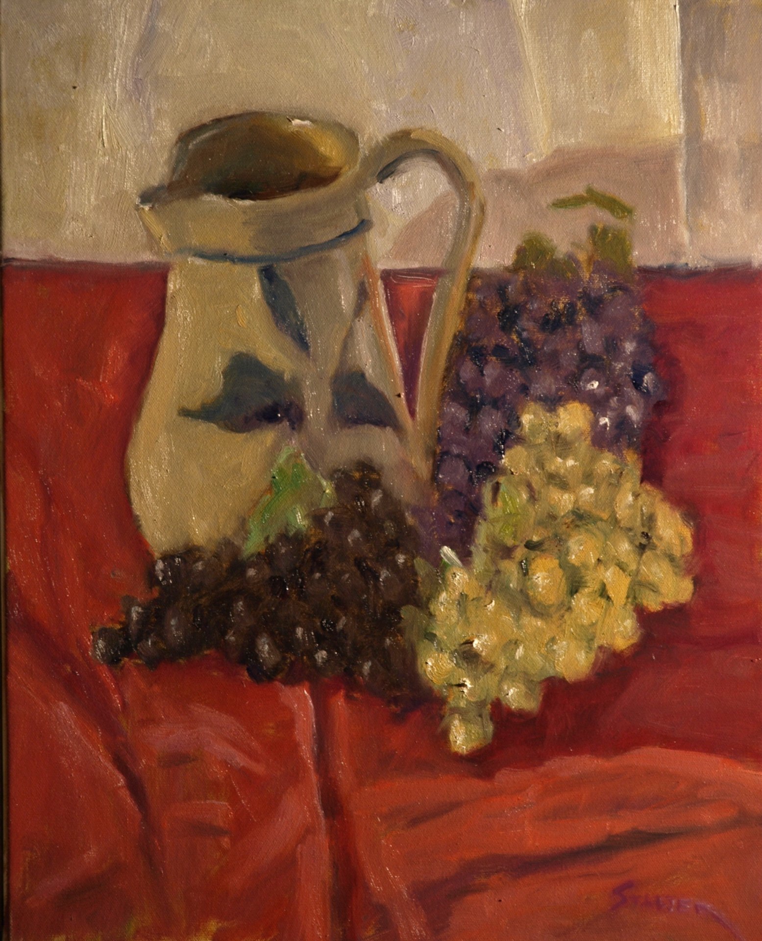 Pitcher and Grapes, Oil on Canvas, 20 x 16 Inches, by Richard Stalter, $400