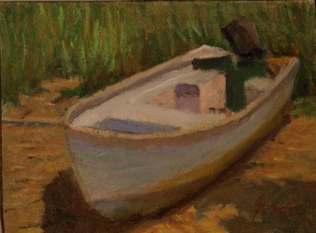 Beached Dory, Oil on Canvas on Panel, 9 x 12 inches, by Richard Stalter, $225