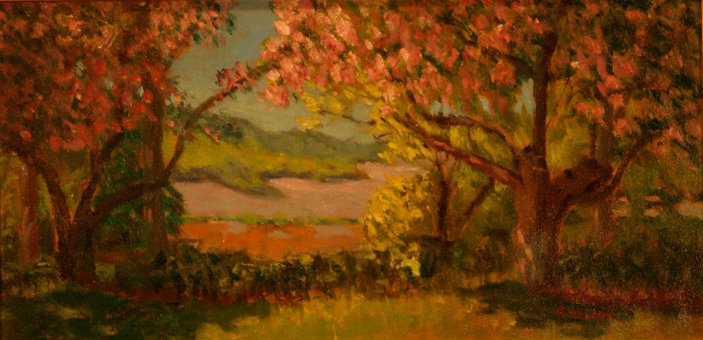 Cherry Blossoms along the Hudson, Oil on Canvas, 12 x 24 Inches, by Richard Stalter, $450