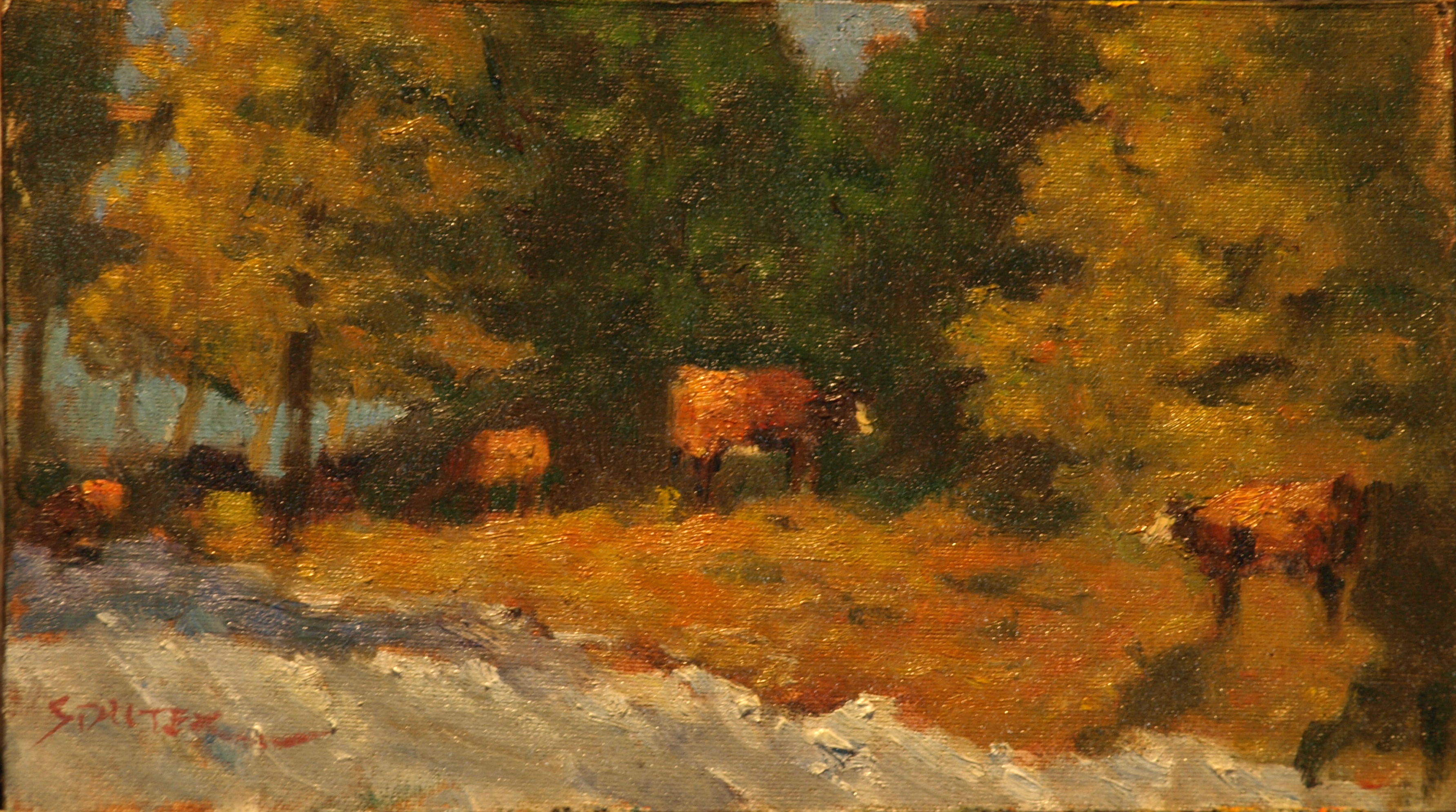 Cows Along the Ridge, Oil on Canvas on Panel, 8 x 14 Inches, by Richard Stalter, $225