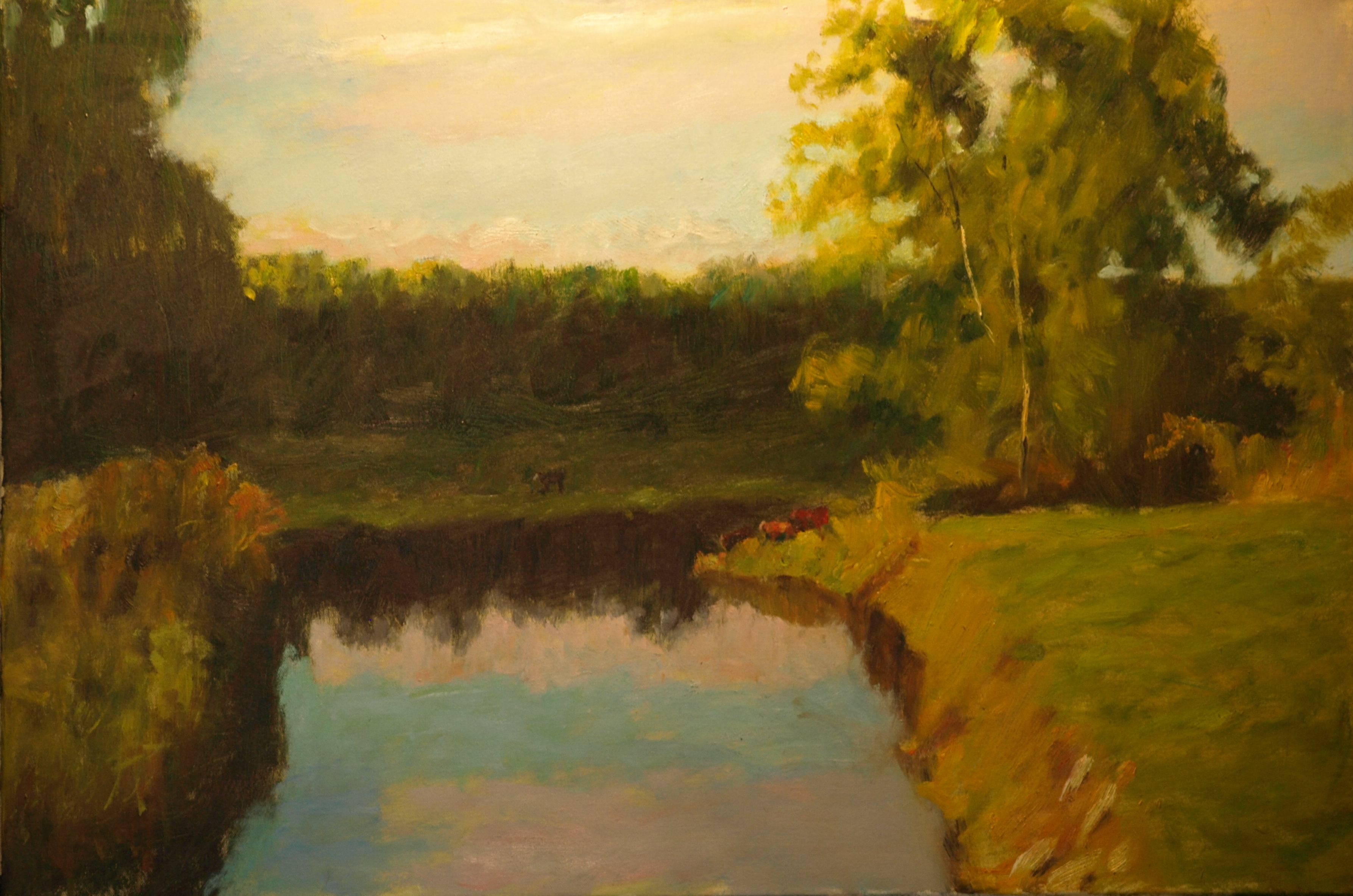 Distant Cows, Oil on Canvas, 24 x 36 Inches, by Richard Stalter, $1200