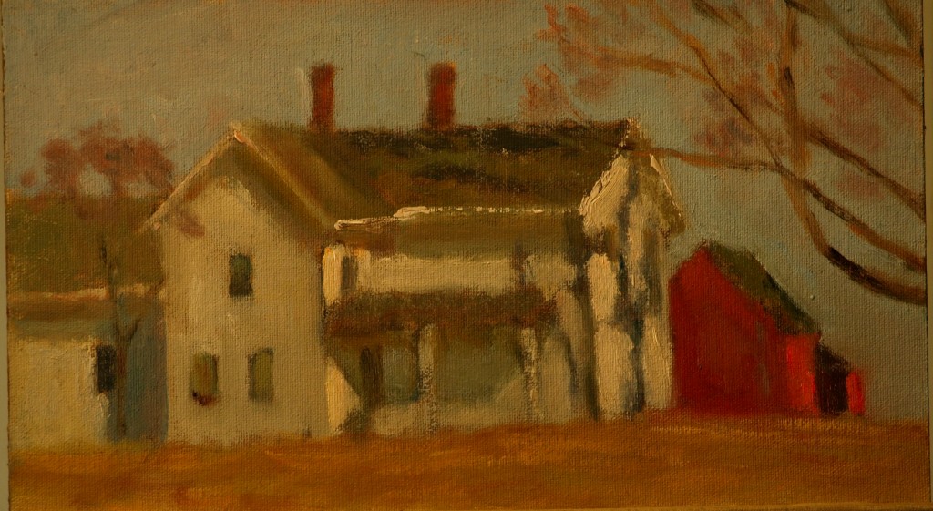 Farm Buildings at Marvelwood, Oil on Canvas on Panel, 8 x 14 Inches, by Richard Stalter, $225