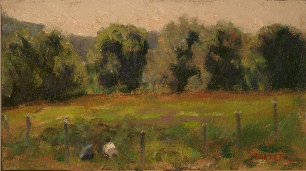 Field Workers -- Sullivan Farm, Oil on Canvas on Panel, 8 x 14 Inches, by Richard Stalter, $225