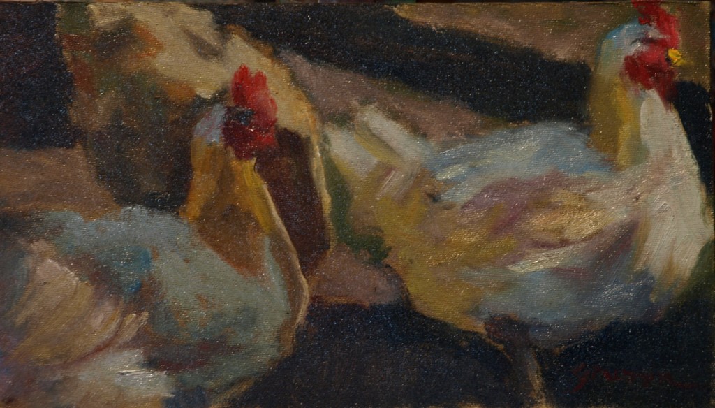 Lindburgh Chickens, Oil on Canvas on Panel, 8 x 14 Inches, by Richard Stalter, $225