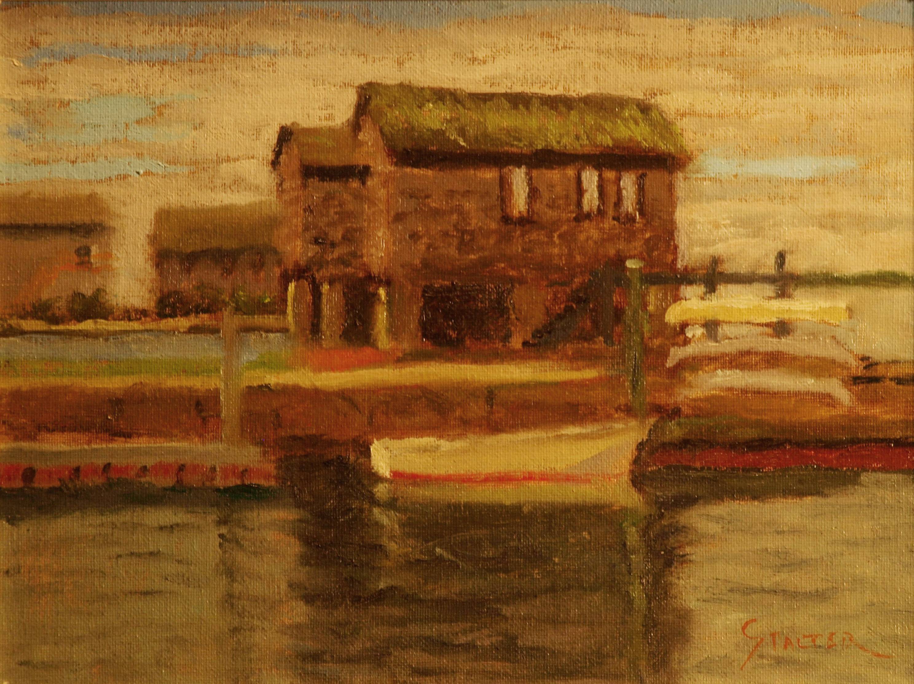 Old Stonington Boathouse, Oil on Canvas on Panel, 9 x 12 Inches, by Richard Stalter, $225