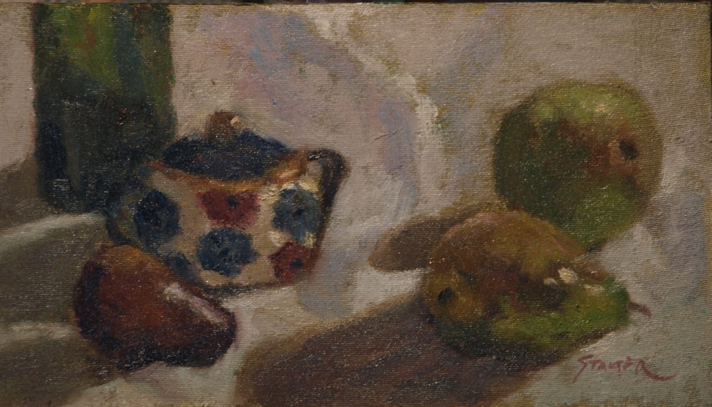 Pears and Sugar Bowl, Oil on Canvas on Panel, 8 x 14 Inches, by Richard Stalter, $225