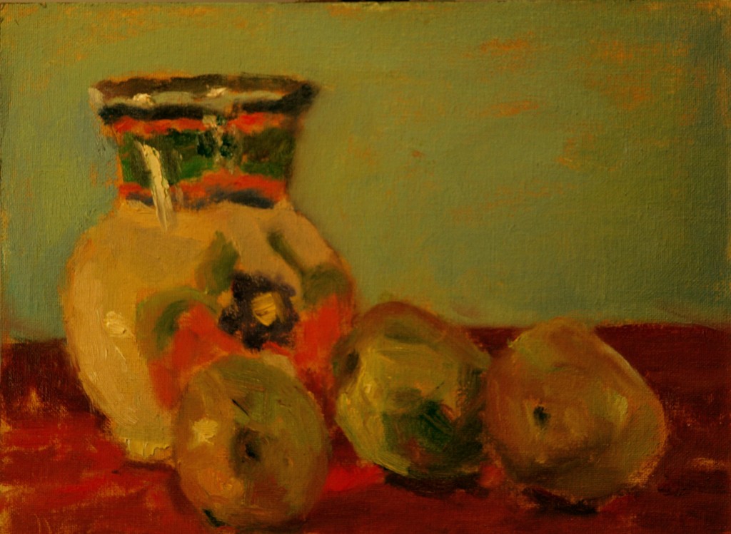 Pears and Water Pitcher, Oil on Canvas on Panel, 9 x 12 Inches, by Richard Stalter, $225