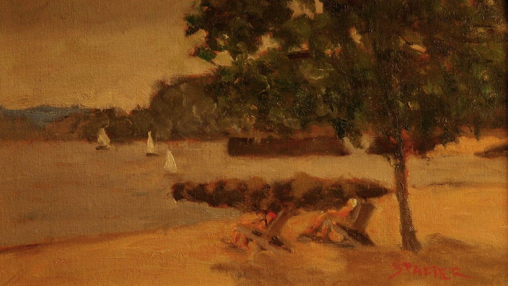 Sailboats Near Pear Tree Point, Oil on Canvas on Panel, 8 x 14 Inches, by Richard Stalter, $225