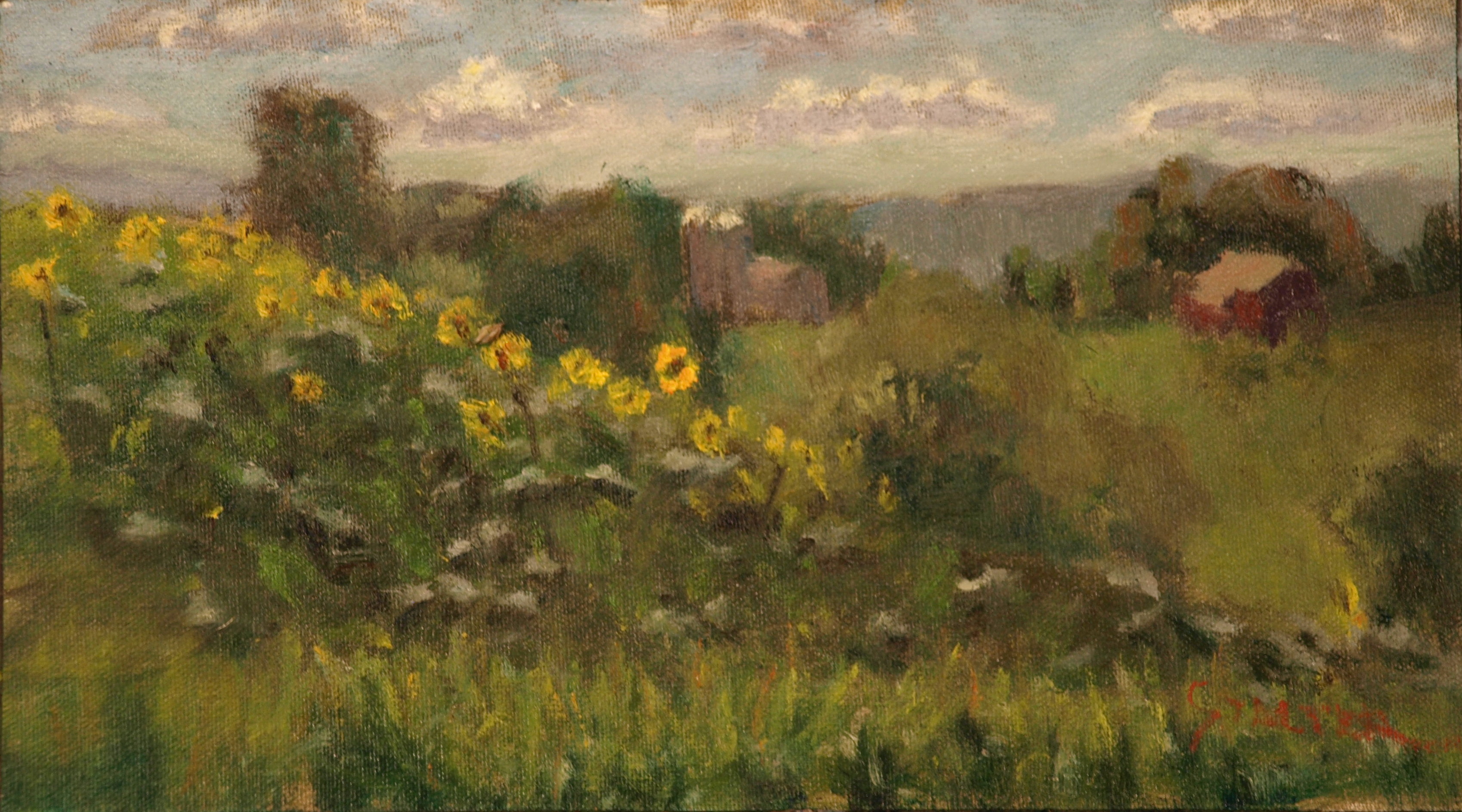 Sunflower Field, Oil on Canvas on Panel, 8 x 14 Inches, by Richard Stalter, $225