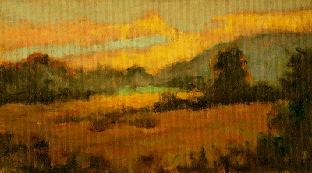 Sunset Across the Meadow, Oil on Canvas on Panel, 8 x 14 Inches, by Richard Stalter, $225